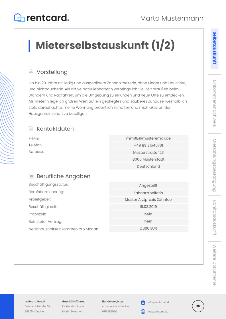 Example of self assessment page - rentcard rental application folder