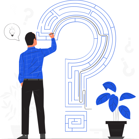 Image of a man next to a big question mark as symbol for Problem solving