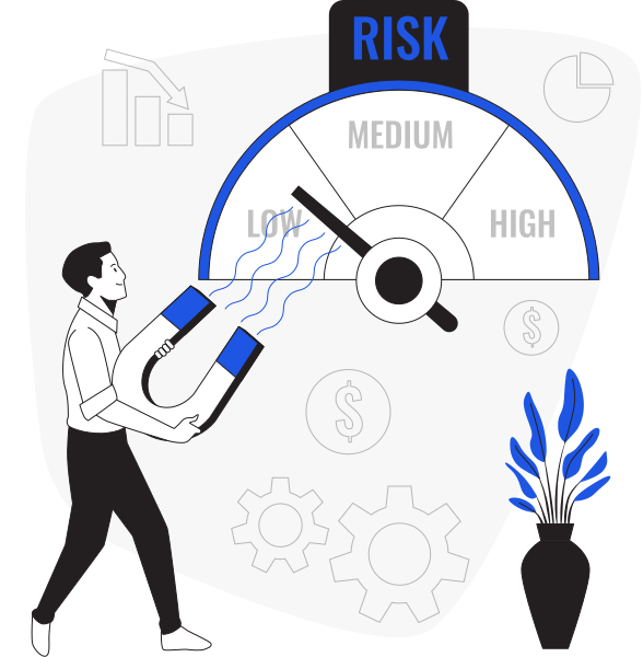 Image of a man with a magnet pulling down the needle of a risk-o-meter symbolizing low risk