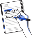 Icon showing a hand writing down notes on a booklet symboling enter of data